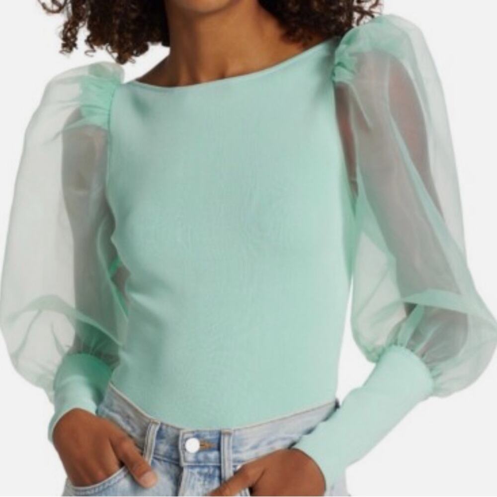 Alice + Olivia Women's XL Blouse Green Blue Abella Puff Sleeve Crop Sweater - Picture 2 of 2